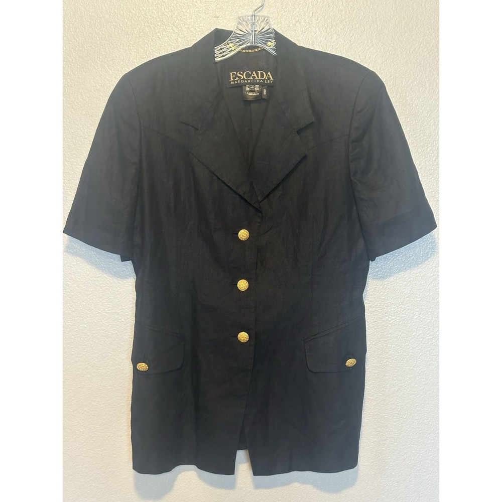 VTG ESCADA Margaretha Ley SZ.40 M Black 100% Linen Gold Button S/S Jacket Blazer